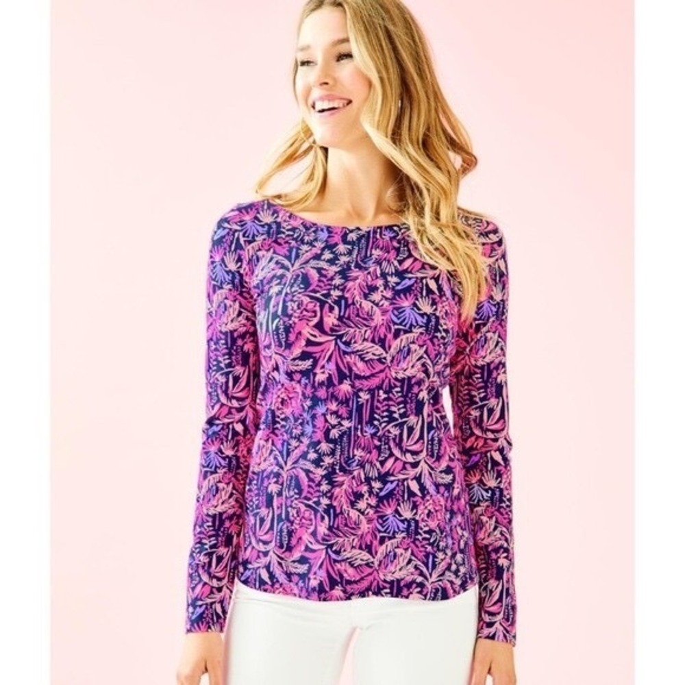 Lilly Pulitzer Tristan Blouse Swing of Things Navy Pink Tropical Palm Print M